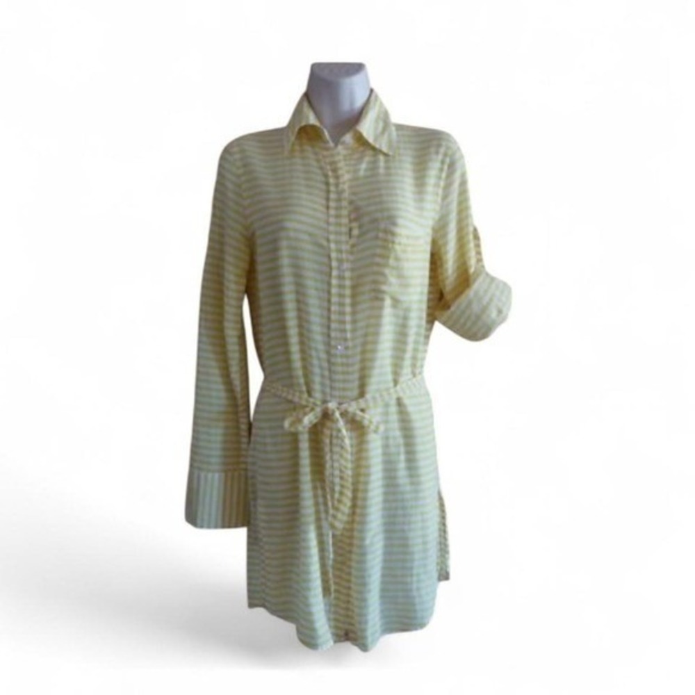 J.Crew Yellow White Striped Cotton Shirt Dress Tie Waist Roll Tab Sleeve Small